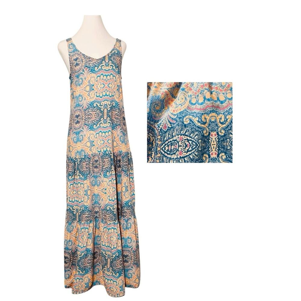 Charlie B Maxi Tank Dress Size PS Blue Cream Boho Print Iridescent Gold Tiered